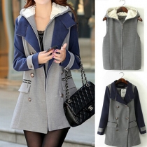 Fashion Hooded Sleeveless Vest + Contrast Color Lapel Double-breasted Woolen Coat Two-piece Set