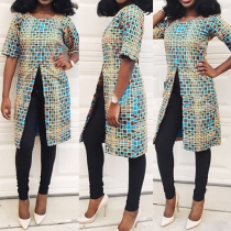 Stylish Colorful Lattice Printed Front Slit Round Neck Half Sleeve Tops