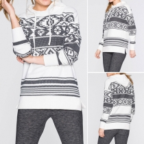 Casual Style Printed Long Sleeve Hooded Side Slit Women's Sweatshirt