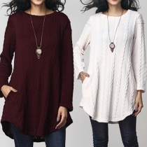 Concise Style Solid Color 2 Side Pockets Round Neck Long Sleeve Sweater Dress