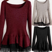 Sexy Chiffon Spliced Ruffle Hem Round Neck Long Sleeve Knit Tops