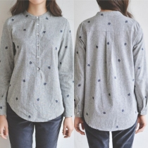 Fashion Leaves Embroidered Single-breasted Long Sleeve Stand Collar Striped Blouse