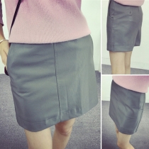 Stylish Solid Color 2 Side Pockets High Waist PU Bust Skirt