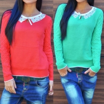 Sweet Bowknot Rhinestone Round Neck Long Sleeve Knit Sweater