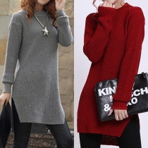 Fashion Solid Color Long Sleeve Round Neck Slit Hem Sweater Dress