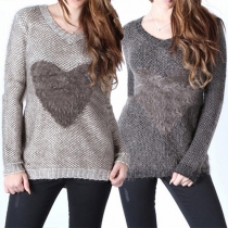 Fashion Furry Heart Long Sleeve V-neck Sweater