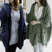 Fashion Solid Color Single-breasted V-neck Bat Sleeve Sweater Coat