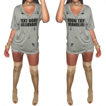 Fashion Letters Printed Hollow Out Round Neck Short Sleeve T-shirt