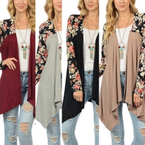 Fashion Floral Printed Spliced Long Sleeve Irregular Hemline Open-front Cardigan