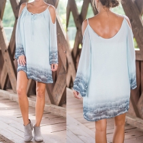 Sexy Printed Cold Shoulder Backless Round Neck Long Sleeve Chiffon Dress