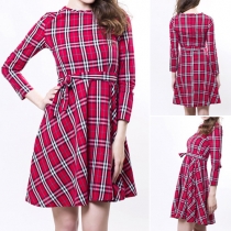 Sweet Style Round Neck Long Sleeve Bowknot Gathered Waist Lattice Dress