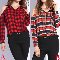 Sexy Single-breasted Cold Shoulder Lapel Long Sleeve Lattice Blouse