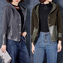 Fashion PU Leather Spliced Long Sleeve Hooded Faux Cashmere Coat