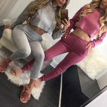 Fashion Long Sleeve Hooded Tops + High Waist Pants Two-piece Set