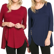 Fashion Solid Color 3/4 Sleeve Round Neck Slit Hem T-shirt