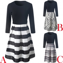 Fashion 3/4 Sleeve Round Neck High Waist Printed Dress