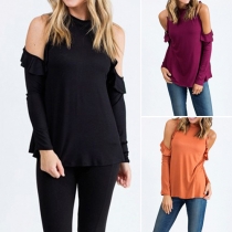 Sexy Off-shoulder Lotus Sleeve Solid Color Tops