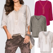 Fashion Sequin Spliced V-neck 3/4 Sleeve Tops
