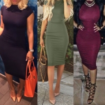 Fashion Solid Color Short Sleeve Mock Neck Bodycon Dress
