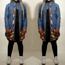 Chic Style Long Sleeve POLO Collar Printed Denim Shirt