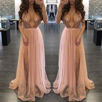 Sexy Backless Deep V-neck Sequin Spliced High Waist Party Dress