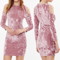 Sexy Off-shoulder 3/4 Sleeve Round Neck Solid Color Dress