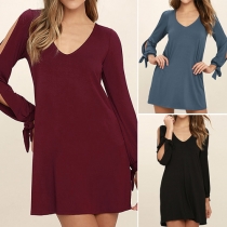 Sexy V-neck Slit Long Sleeve Solid Color Dress