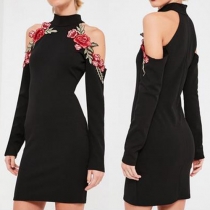 Sexy Off-shoulder Long Sleeve Mock Neck Embroidered Dress
