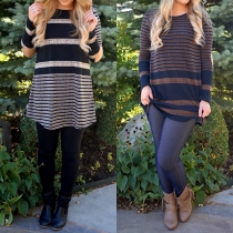 Fashion Long Sleeve Round Neck Loose Striped T-shirt Dress