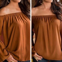 Sexy Off-shoulder Boat Neck Trumpet Sleeve Solid Color Tops