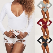 Sexy Crossover Backless Deep V-neck Long Sleeve Bodysuit