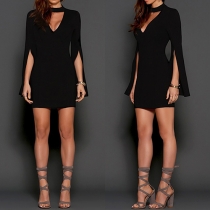 Sexy Deep V-neck Slit Trumpet Sleeve Solid Color Slim Fit Dress