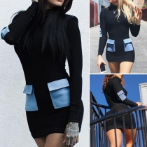 Fashion Contrast Color Long Sleeve Turtleneck Tight Dress