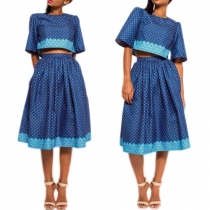 Retro Style Dots Printed Crop Tops + High Waist Skirt Two-piece Set