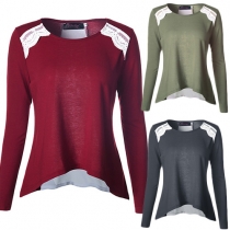 Fashion Long Sleeve Round Neck High-low Hem Lace Spliced T-shirt