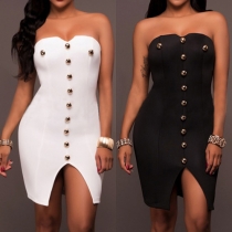 Sexy Strapless Slit Hem Single-breasted Tight Dress