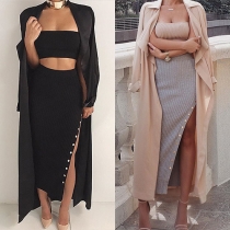 Sexy High Waist Slit Hem Solid Color Knit Bust Skirt