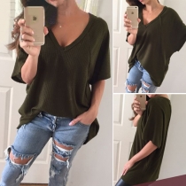 Fashion Solid Color Short Sleeve V-neck Irregular Hem Knit T-shirt