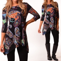 Fashion 3/4 Sleeve Round Neck Irregular Hem Printed T-shirt