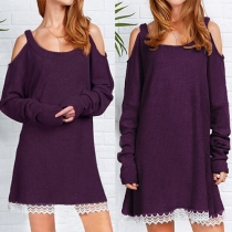 Sexy Off-shoulder Long Sleeve Round Neck Lace Spliced Hem Dress