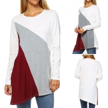 Fashion Contrast Color Long Sleeve Round Neck Irregular Hem T-shirt