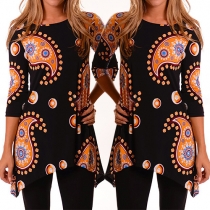 Fashion Printed 3/4 Sleeve Round Neck Irregular Hem T-shirt