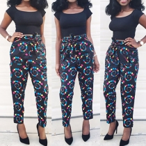 Sexy Short Sleeve Crop Tops + Printed Harlan Pants Two-piece Set