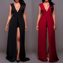 Sexy Backless Deep V-neck Slit Hem High Waist Party Dress