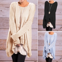 Fashion Solid Color Long Sleeve Round Neck Irregular Hem T-shirt