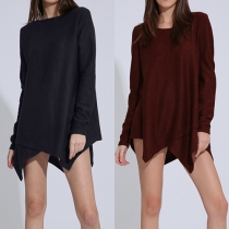 Fashion Solid Color Long Sleeve Round Neck Irregular Hem Knit Tops