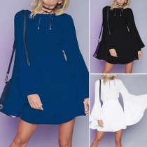 Sexy Backless Trumpet Sleeve Solid Color Chiffon Dress