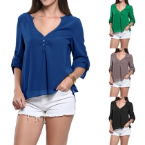 Fashion Solid Color Long Sleeve V-neck High-low Hem Chiffon Tops