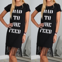 Fashion Letters Printed Tassel Hem Short Sleeve T-shirt Dress