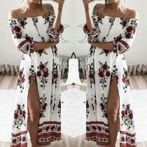 Sexy Off-shoulder Half Sleeve Slit Hem Printed Dress